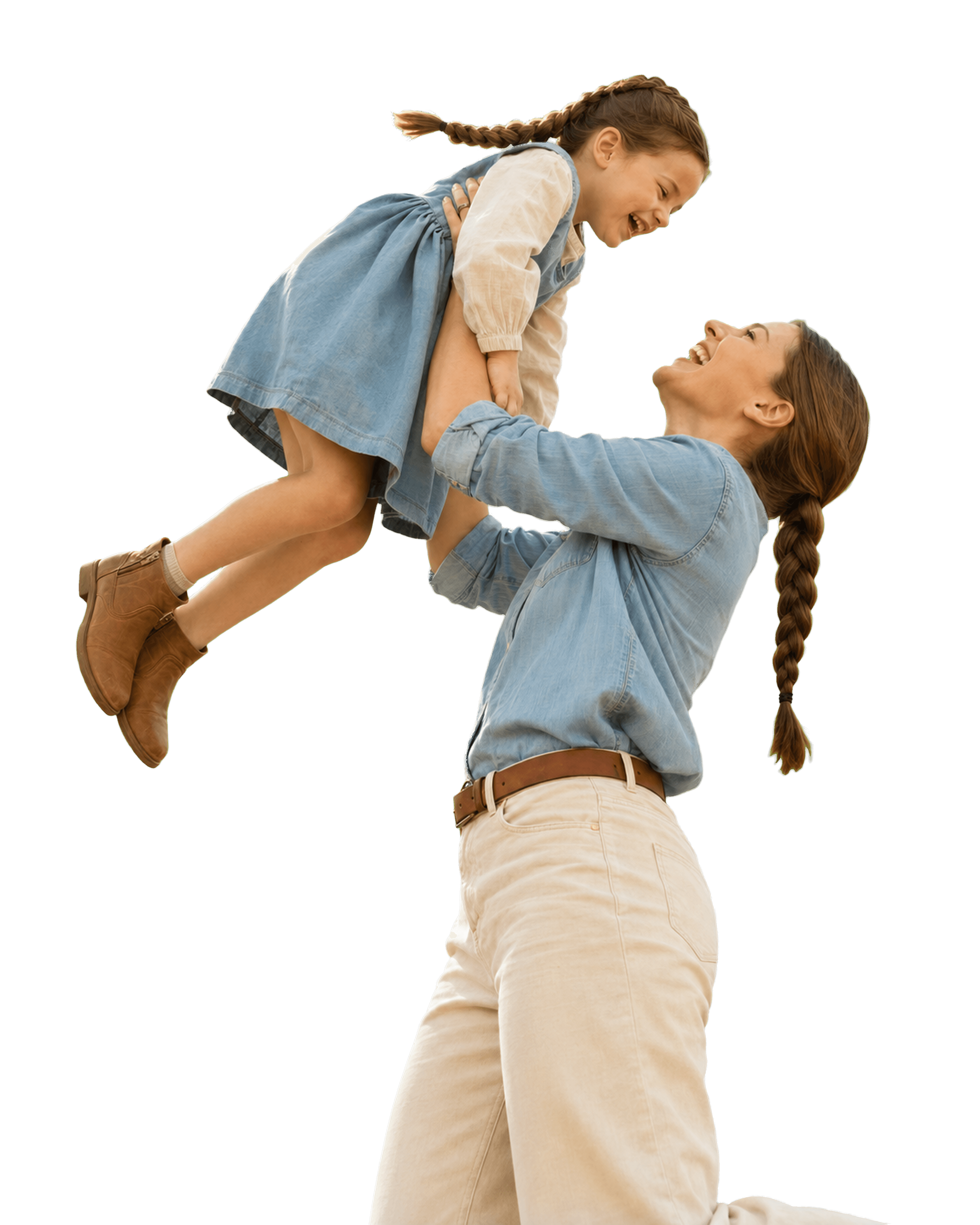 A mother joyfully lifting her daughter