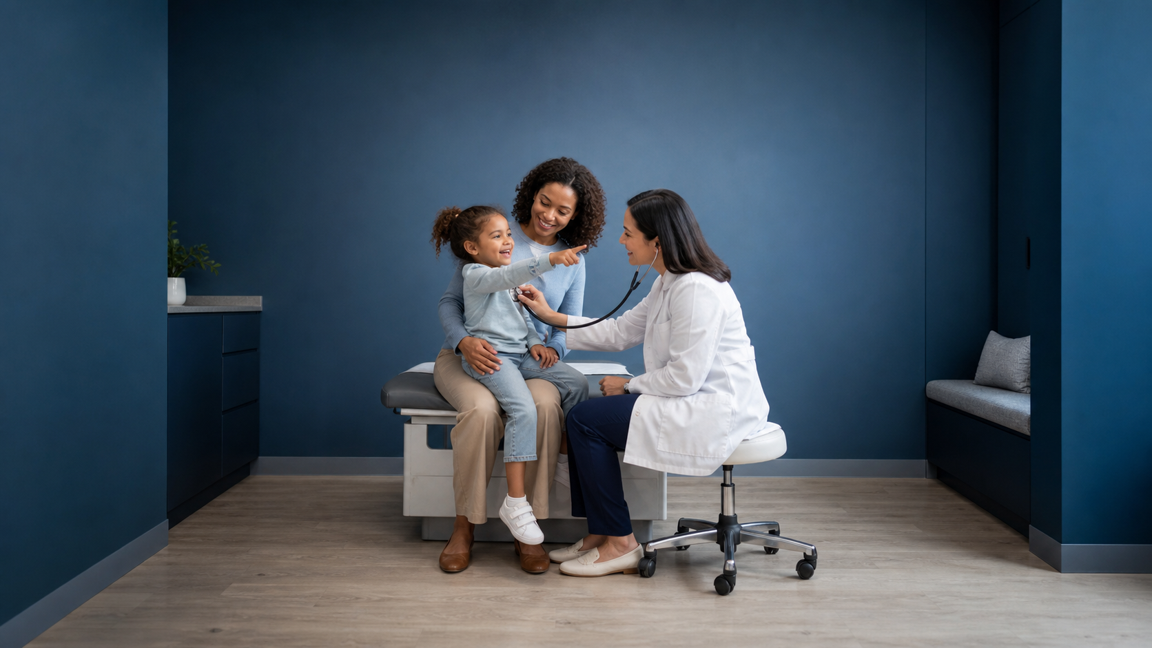 A physician sharing a joyful visit with a mother and child